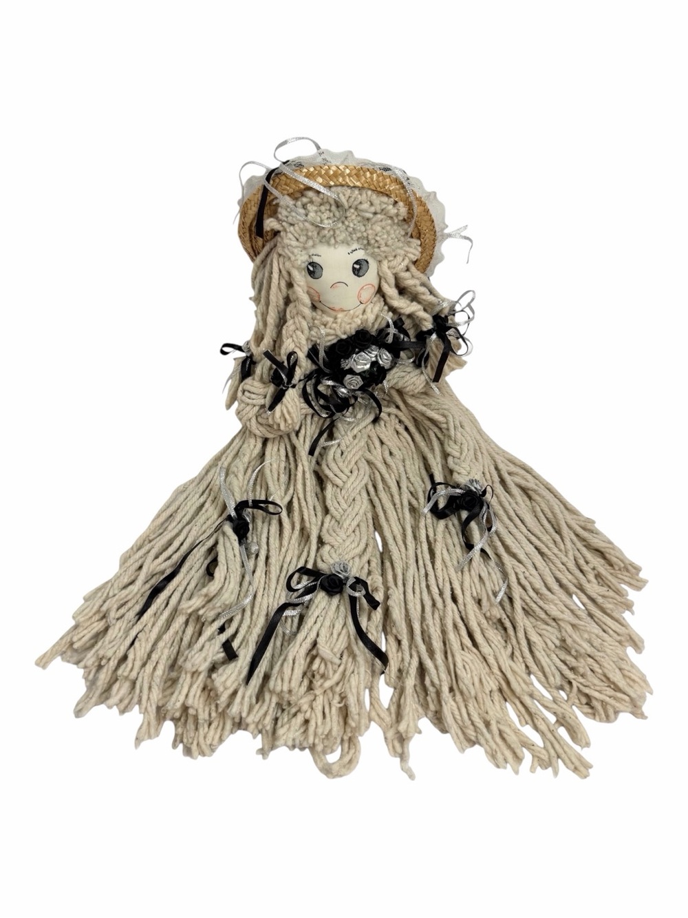 Vintage 27” Handmade Mop Head Doll Straw Hat Ribbon Lace Country Home Decor Prop